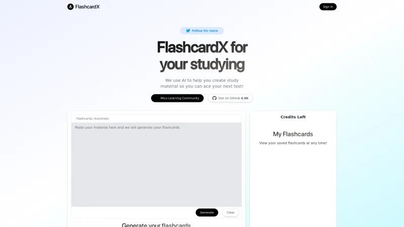 Homepage of flashcardx