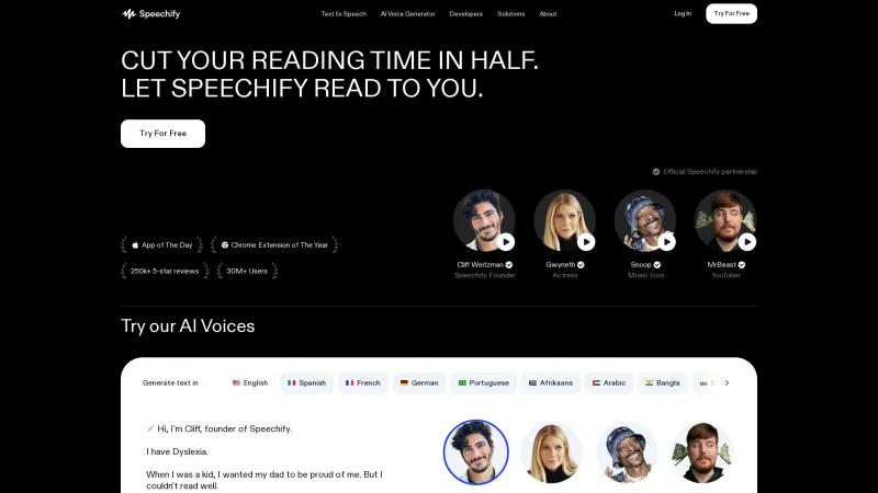 Homepage of speechify