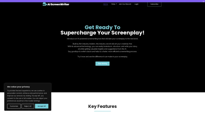 Homepage of aiscreenwriter