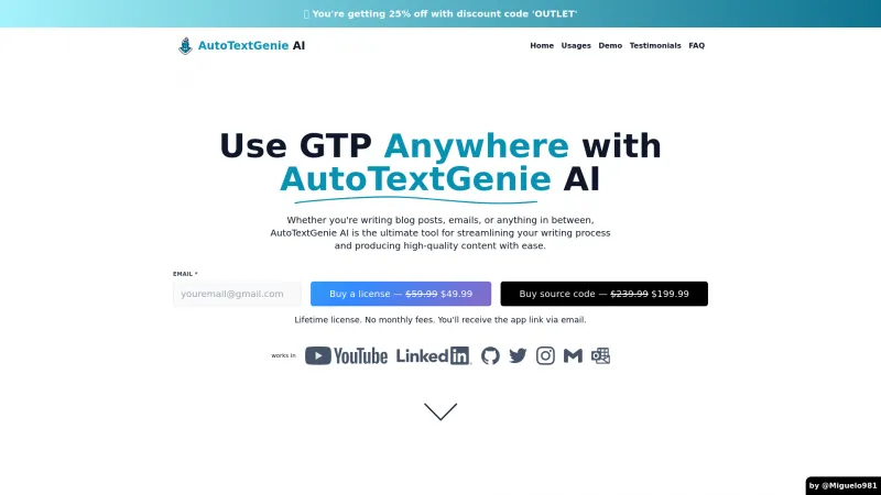 Homepage of autotextgenie