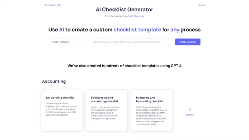 Homepage of checklistgenerator