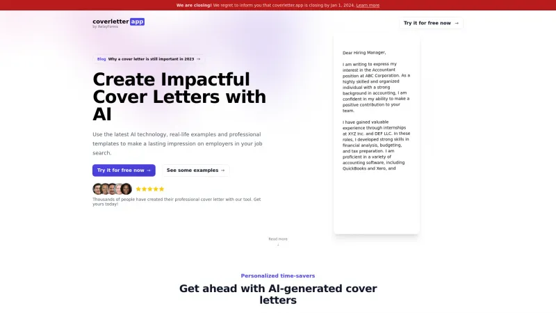 Homepage of coverletter