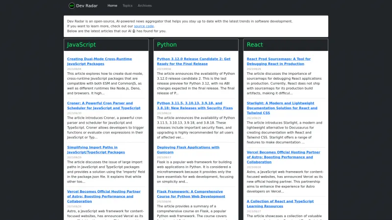 Homepage of dev-radar