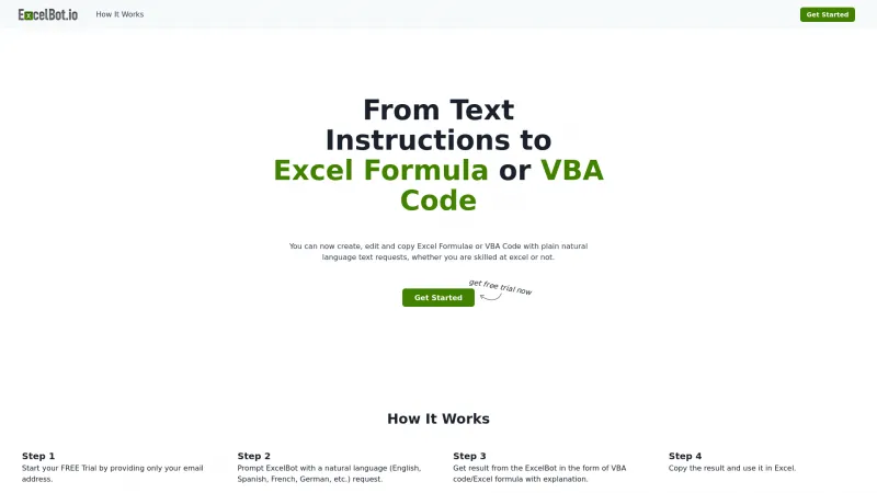 Homepage of excelbot