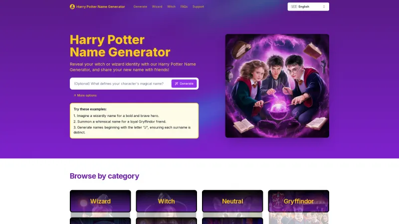 Homepage of harrypotternamegenerator