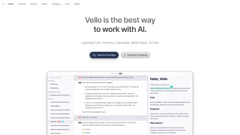 Homepage of vello