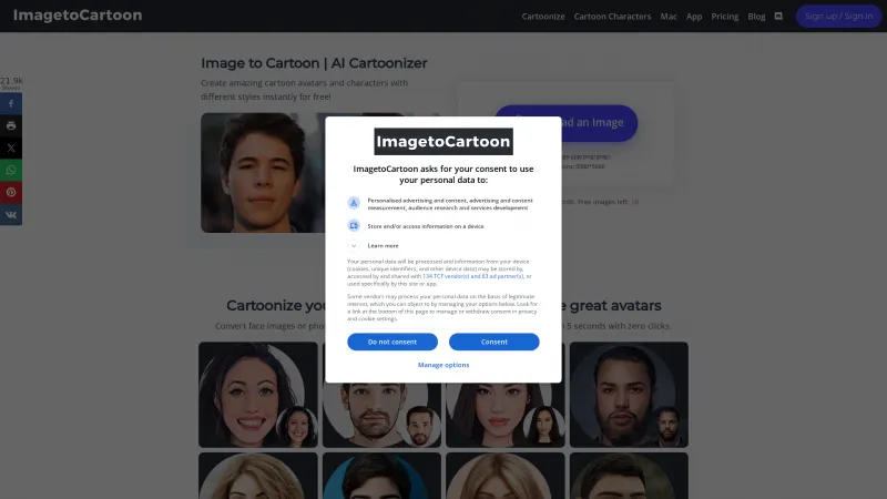 Homepage of imagetocartoon