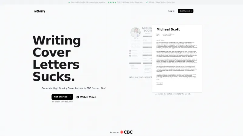 Homepage of letterfy