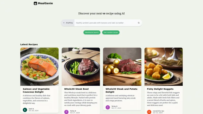 Homepage of mealgenie