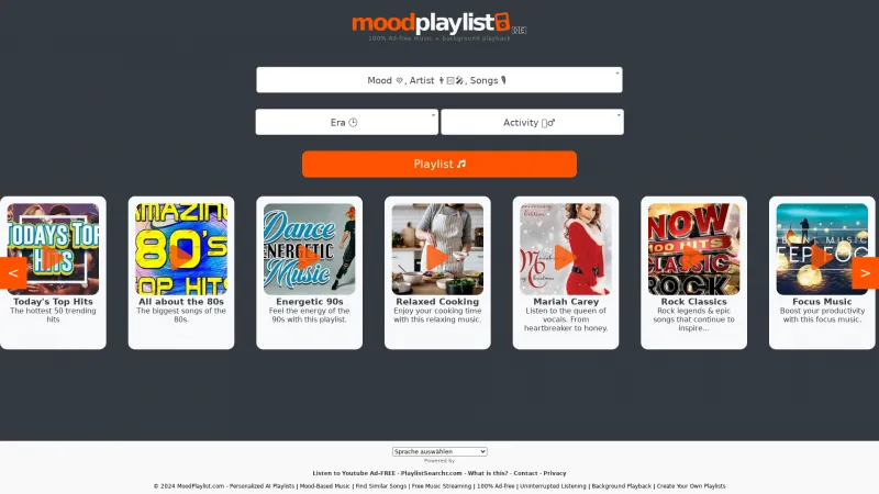 Homepage of moodplaylist