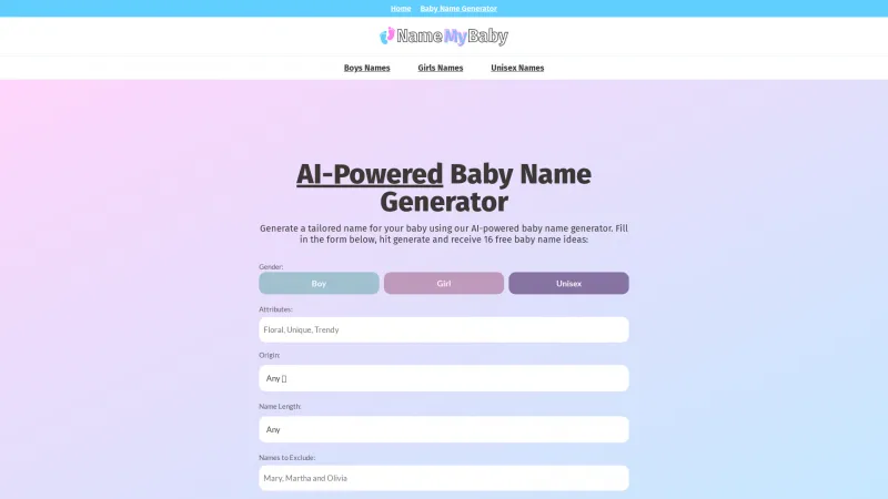 Homepage of namemybaby