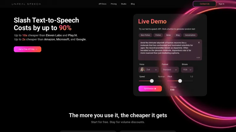 Homepage of unrealspeech