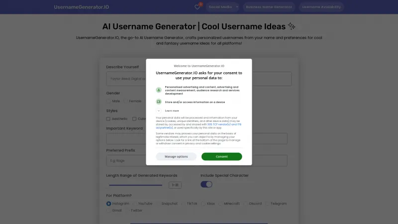 Homepage of usernamegenerator