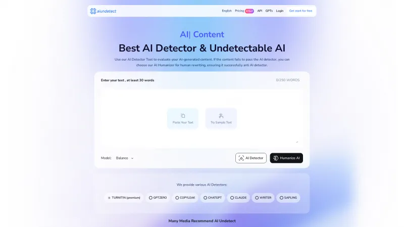 Homepage of aiundetect