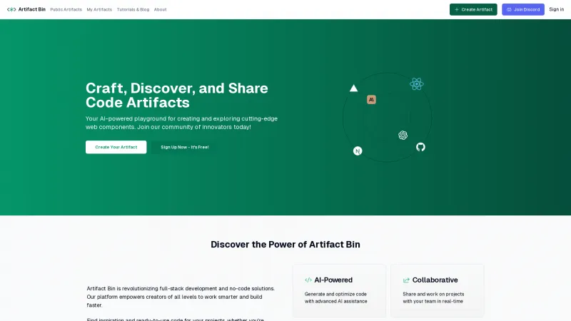 Homepage of artifactbin