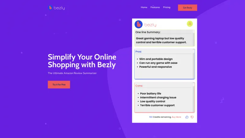 Homepage of bezly