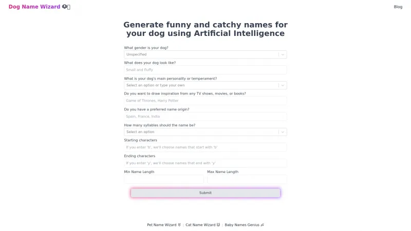 Homepage of dognamewizard