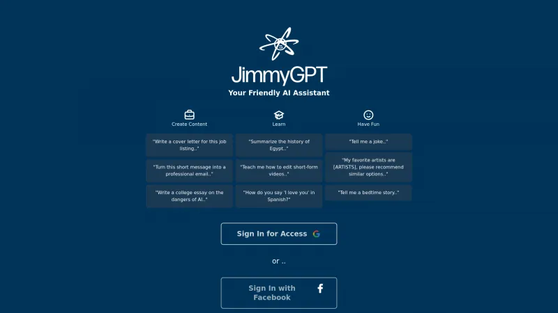 Homepage of jimmygpt