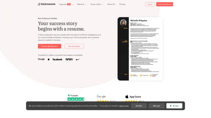 Homepage of kickresume