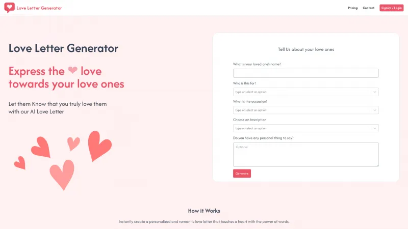 Homepage of lovelettergenerator