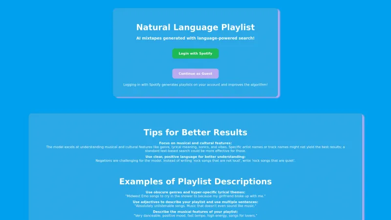 Homepage of naturallanguageplaylist