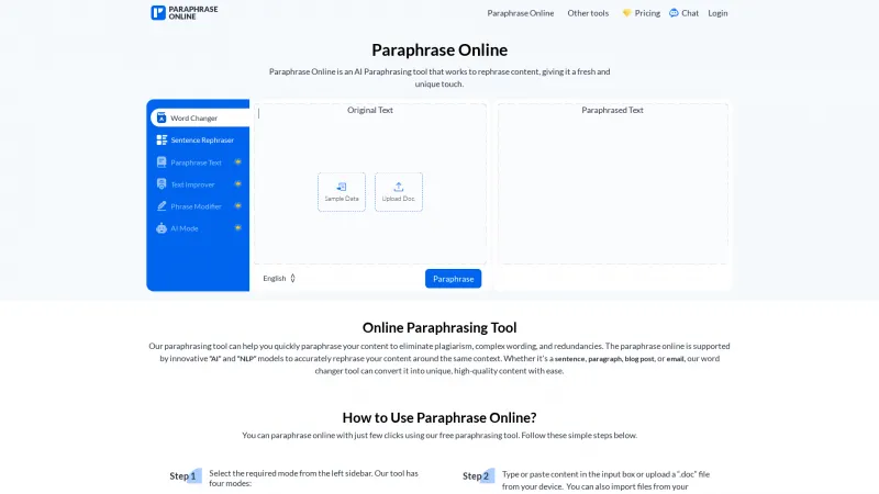 Homepage of paraphraseonline