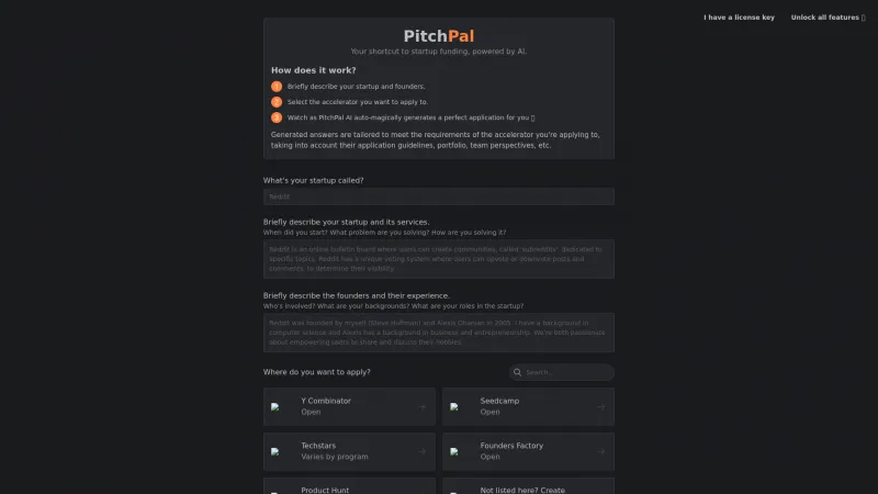 Homepage of pitchpal