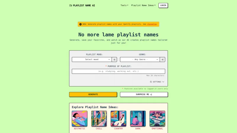 Homepage of playlistnameai