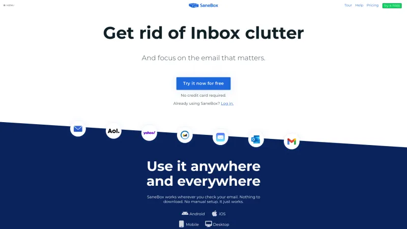 Homepage of sanebox