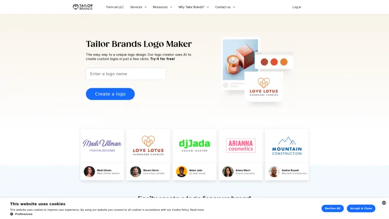 Homepage of tailorbrands