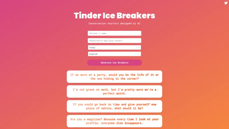 Homepage of tindericebreaker