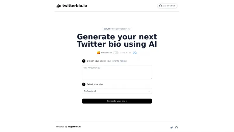 Homepage of twitterbio