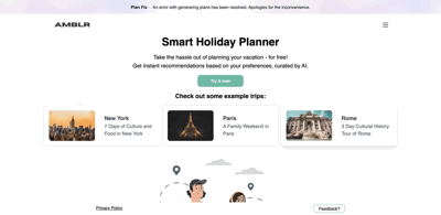 Screenshot main page Amblr - Ai Travel Planner