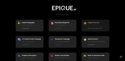 Screenshot main page Epique Ai