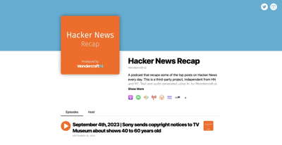 Screenshot main page Hackernewsrecap Buzzsprout