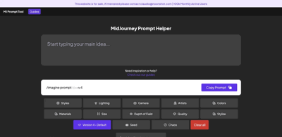 Screenshot main page Midjourney Prompt Tool