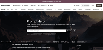 Screenshot main page Prompthero