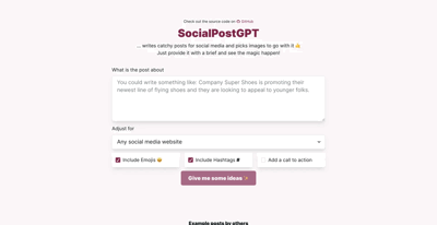 Screenshot main page Socialpostgpt