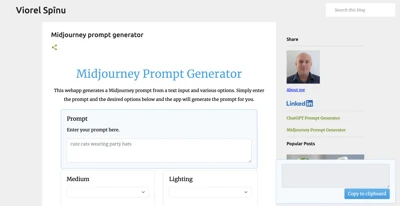 Screenshot main page Midjourney Prompt Generator